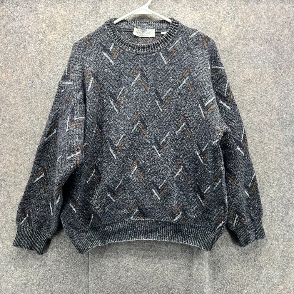 VTG Pronto Uomo Sweater Mens Large Gray Merino Wool Italy Pullover Herringbone